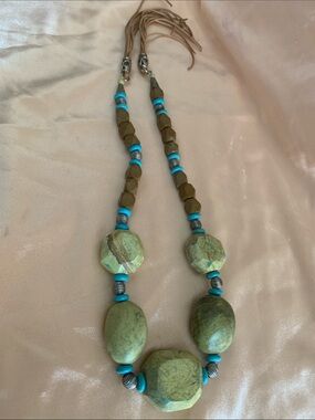 Earthy Green Stone Necklace with Turquoise Accents